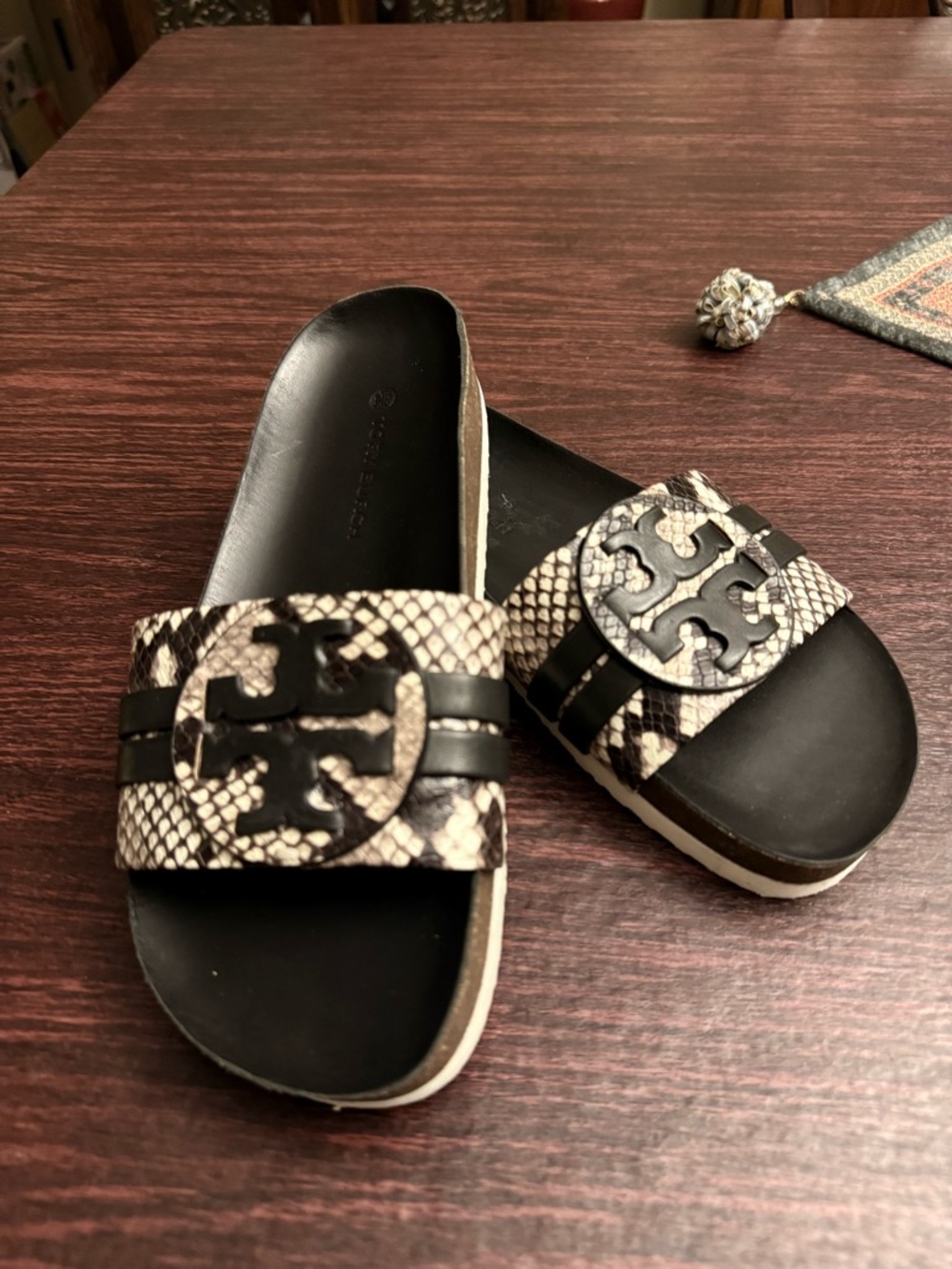 Tory Burch Black & Cream Snakeskin Logo Slide Sandals